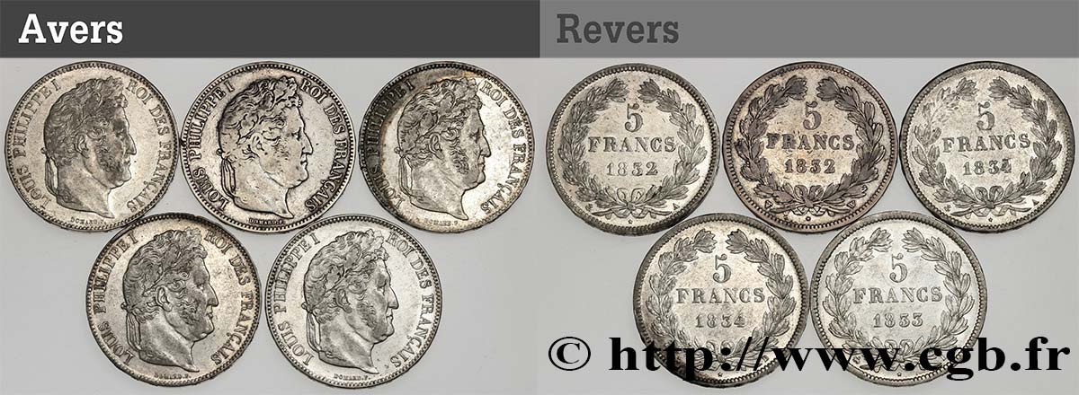 Lot de cinq pièces de 5 francs IIe type Domard n.d. s.l. F.324/1 VF/AU 