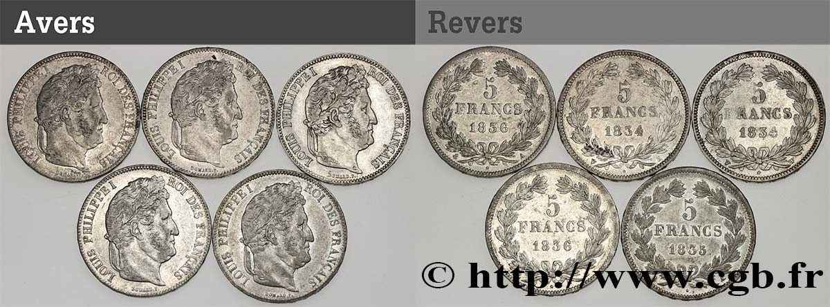 Lot de cinq pièces de 5 francs IIe type Domard n.d. s.l. F.324/33 MBC/MBC+ 