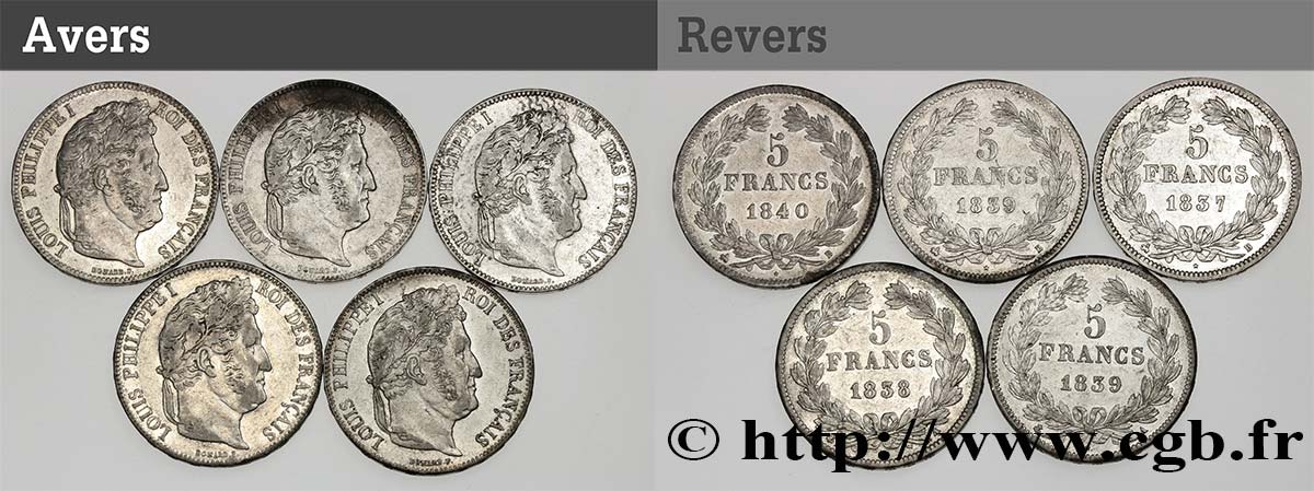 Lot de cinq pièces de 5 francs IIe type Domard n.d. s.l. F.324/62 MBC/MBC+ 
