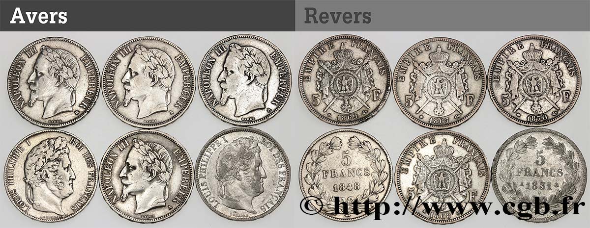 Lot de six pièces de 5 francs n.d. s.l. F.320/1 BC/MBC 