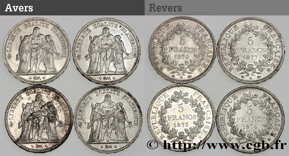 Lot de quatre pièces de 5 francs Hercule n.d. Paris F.334/9 MBC+/EBC 