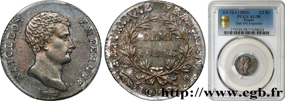 Demi-franc Napoléon Empereur, Calendrier révolutionnaire 1804 Limoges F.174/5 AU58 PCGS