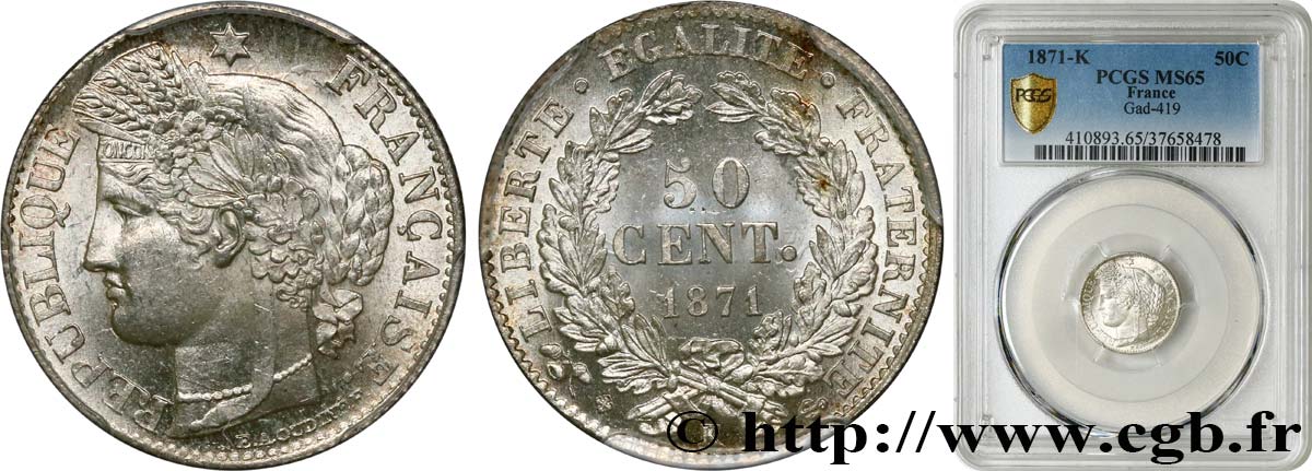 50 centimes Cérès, IIIe République 1871 Bordeaux F.189/2 MS65 PCGS