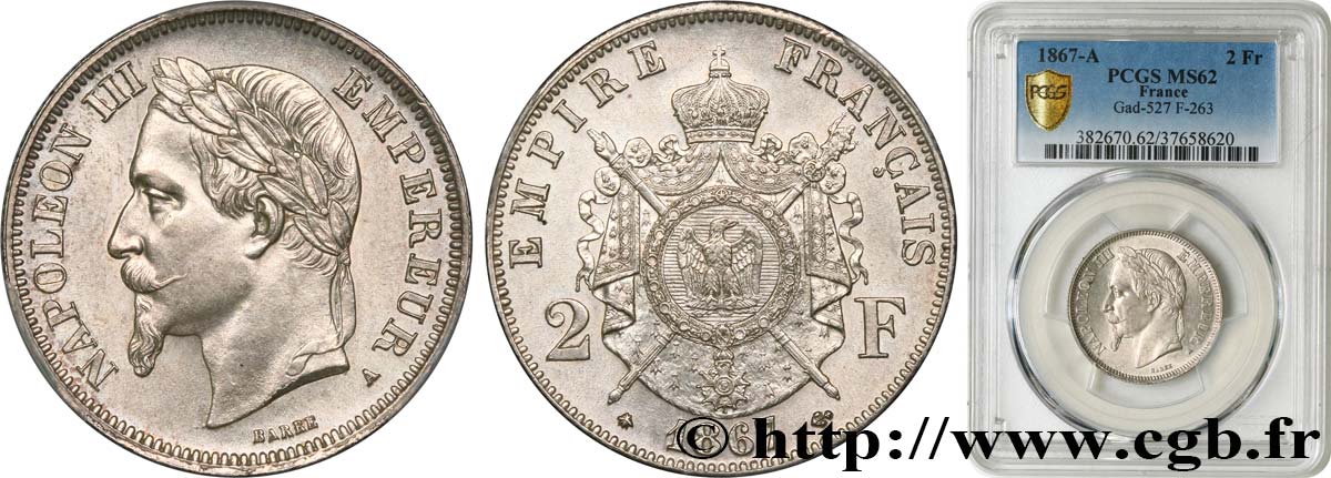 2 francs Napoléon III, tête laurée  1867 Paris F.263/5 MS62 PCGS