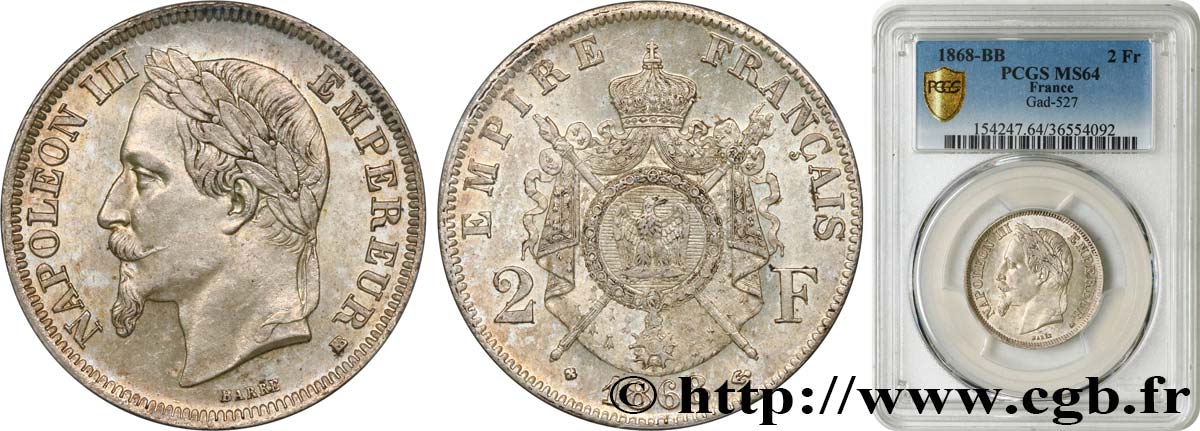 2 francs Napoléon III, tête laurée  1868 Strasbourg F.263/9 SC64 PCGS