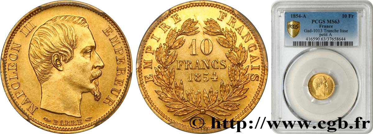 10 francs or Napoléon III, tête nue, petit module, tranche lisse 1854 Paris F.505/1 fST63 PCGS