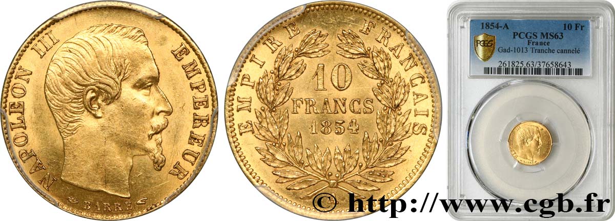 10 francs or Napoléon III tête nue, petit module, tranche cannelée 1854 Paris F.505A/1 SC63 PCGS