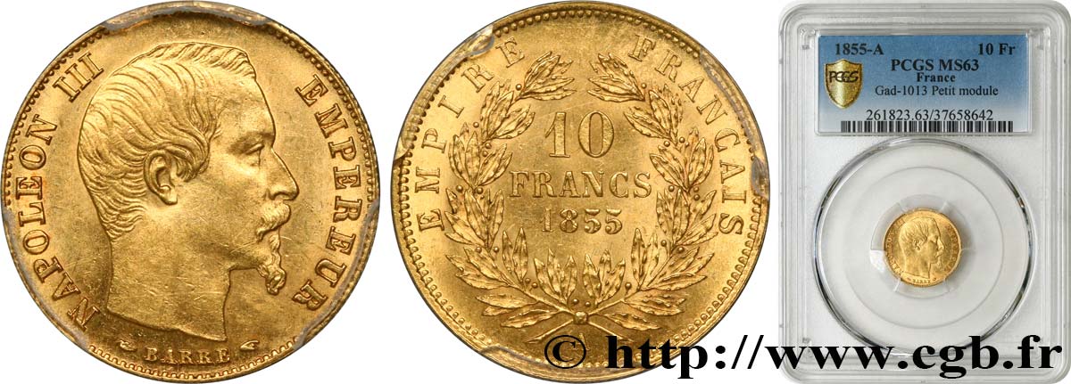 10 francs Napoléon III, tête nue, petit module 1855 Paris F.505A/2 MS63 PCGS
