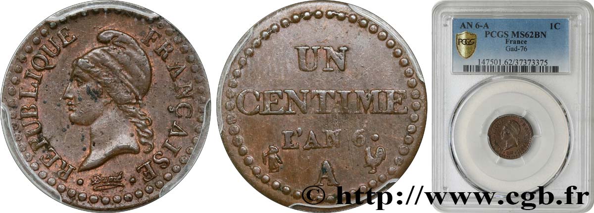 Un centime Dupré, 6 normal 1798 Paris F.100/3 EBC62 PCGS