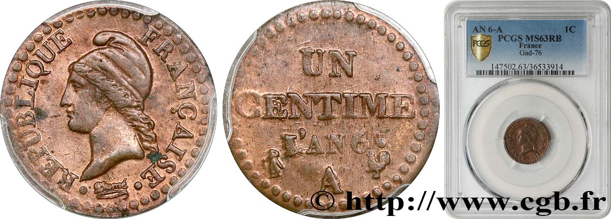 Un centime Dupré, grand 6 1798 Paris F.100/4 MS63 PCGS