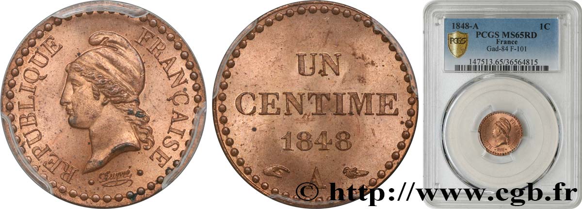 Un centime Dupré, IIe République 1848 Paris F.101/1 FDC65 PCGS