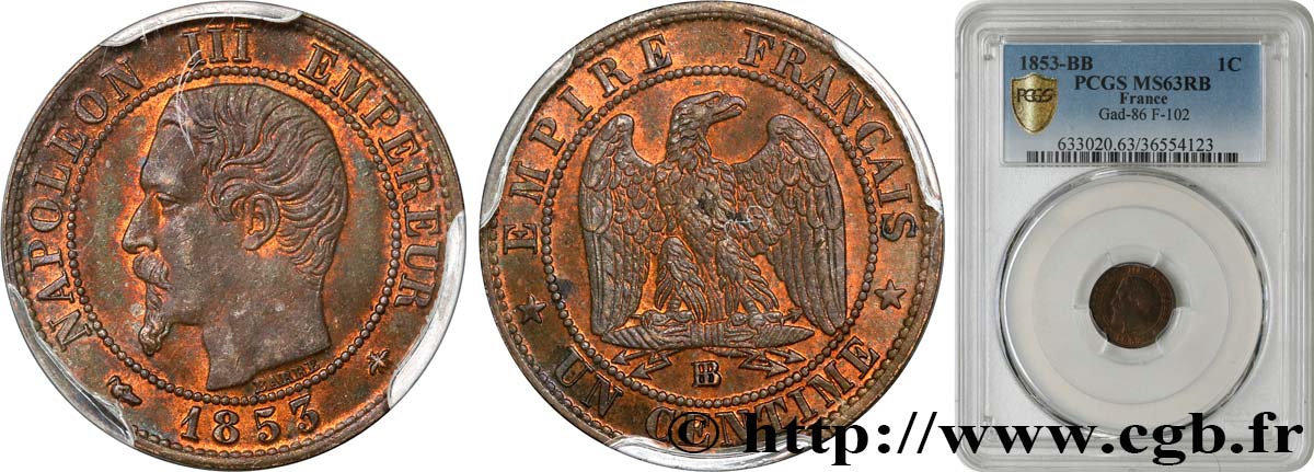 Un centime Napoléon III, tête nue 1853 Strasbourg F.102/3 fST63 PCGS