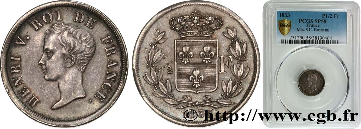 1/2 franc, buste juvénile 1833  VG.2713  VZ58 PCGS