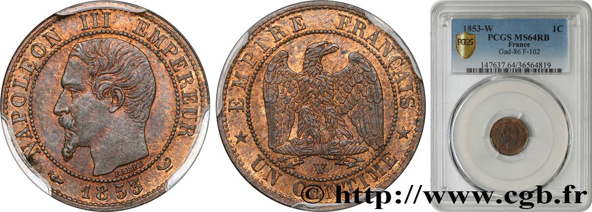 Un centime Napoléon III, tête nue 1853 Lille F.102/8 MS64 PCGS