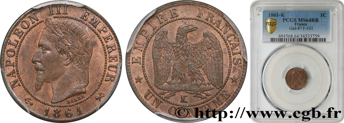 Un centime Napoléon III, tête laurée 1861 Bordeaux F.103/3 MS64 PCGS