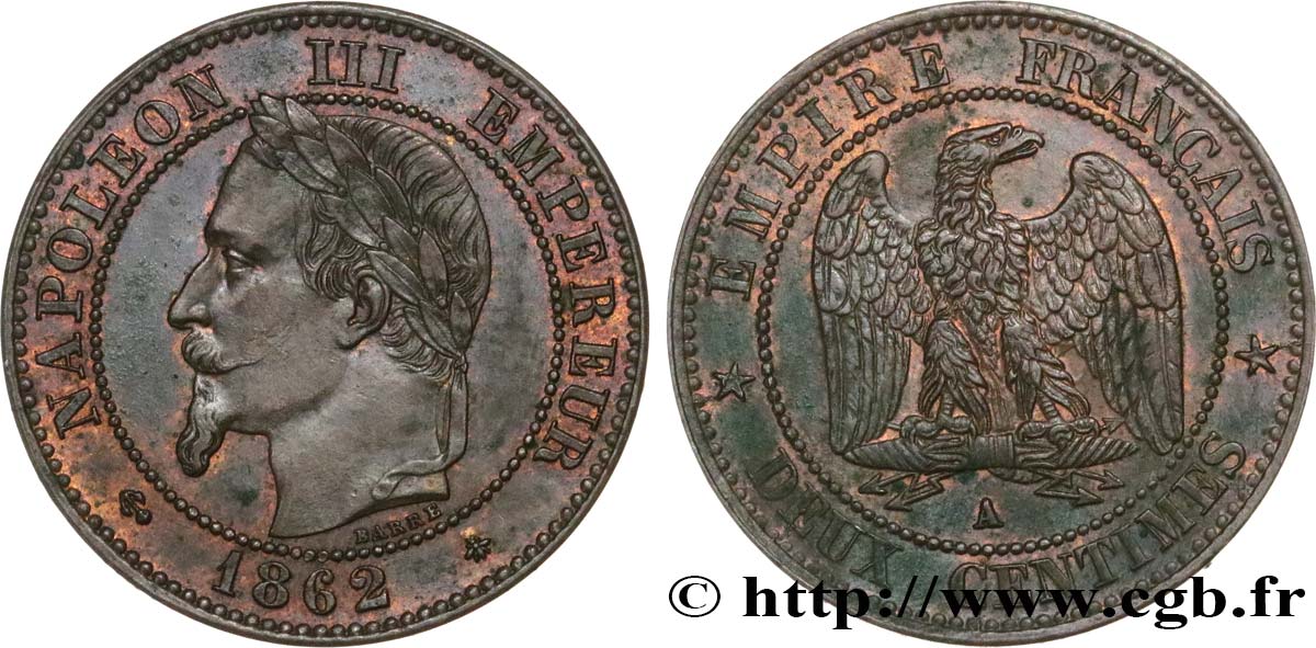 Deux centimes Napoléon III, tête laurée 1862 Paris F.108A/4 q.SPL 