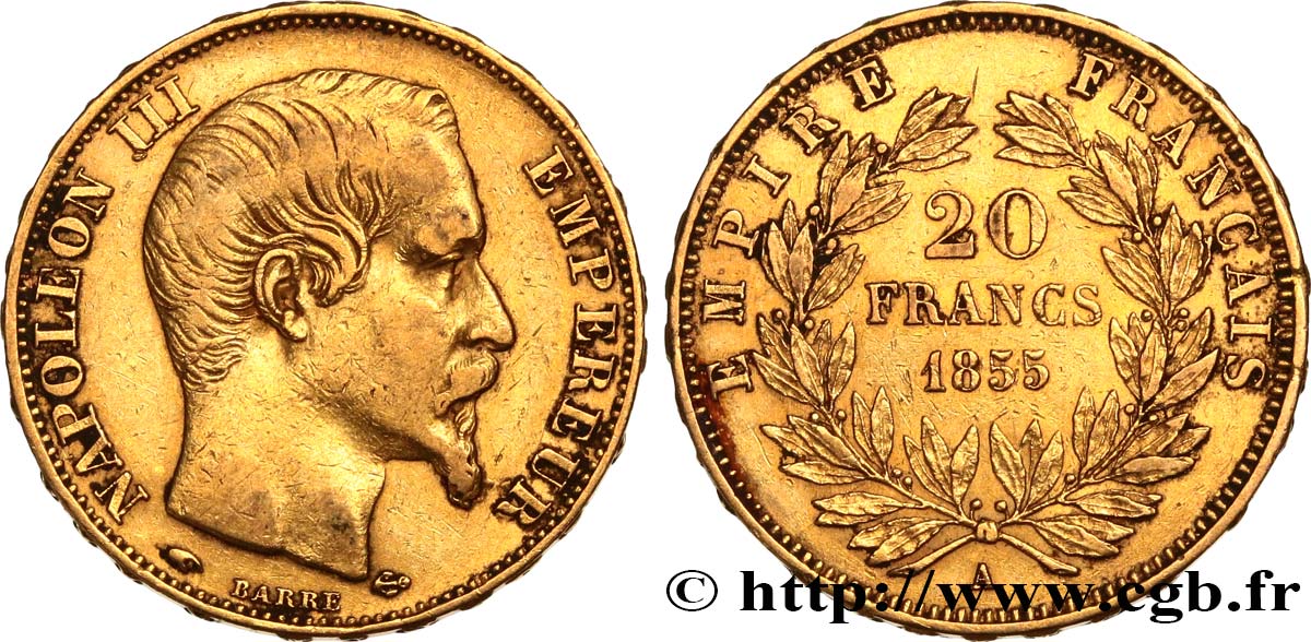 20 francs or Napoléon III, tête nue 1855 Paris F.531/4 TB35 