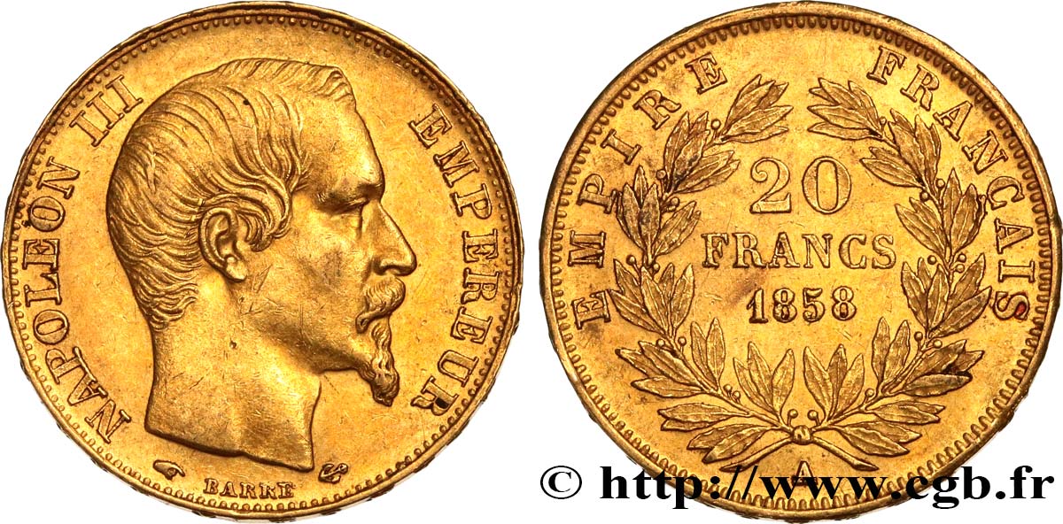 20 francs or Napoléon III, tête nue 1858 Paris F.531/13 AU53 