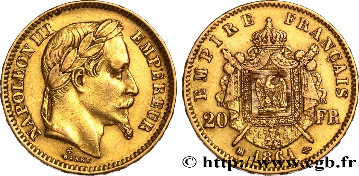 20 francs or Napoléon III, tête lauré 1861 Strasbourg F.532/2 MBC40 