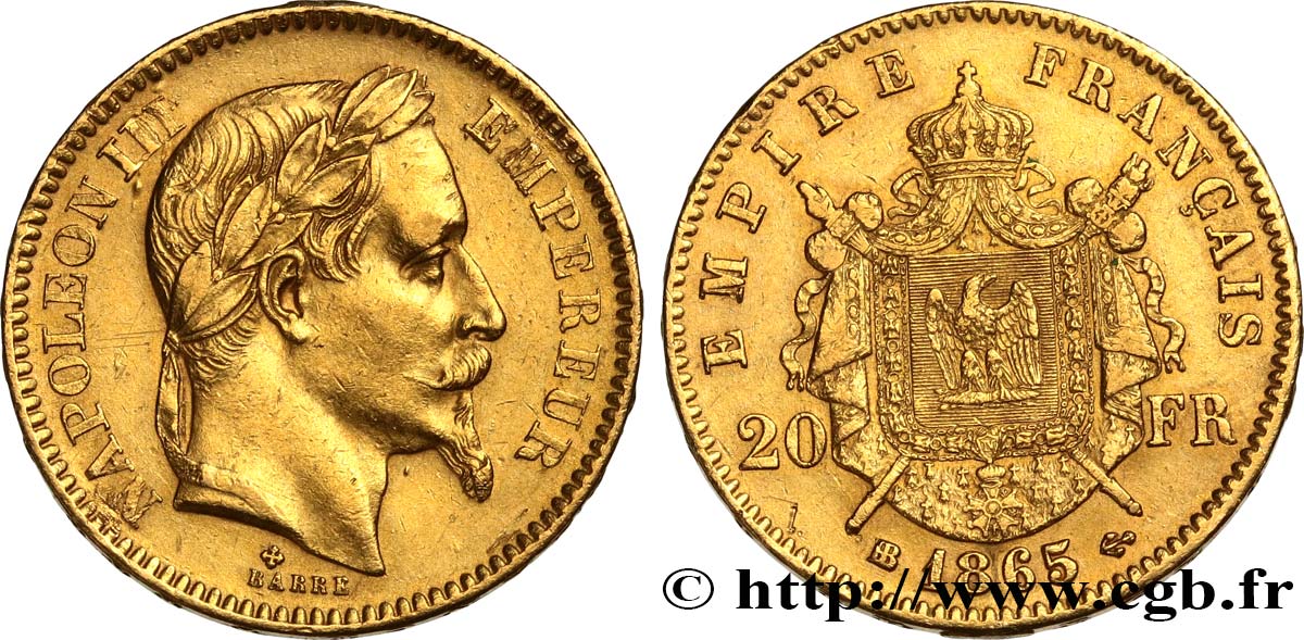 20 francs or Napoléon III, tête laurée 1865 Strasbourg F.532/12 XF45 