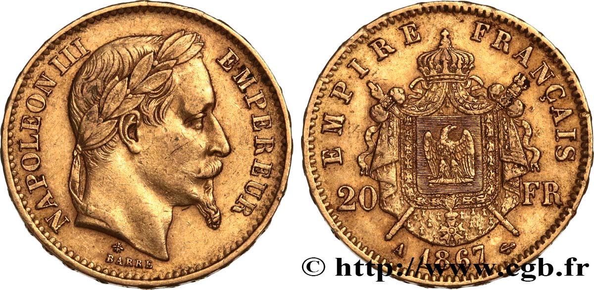 20 francs or Napoléon III, tête laurée 1867 Paris F.532/15 MBC45 