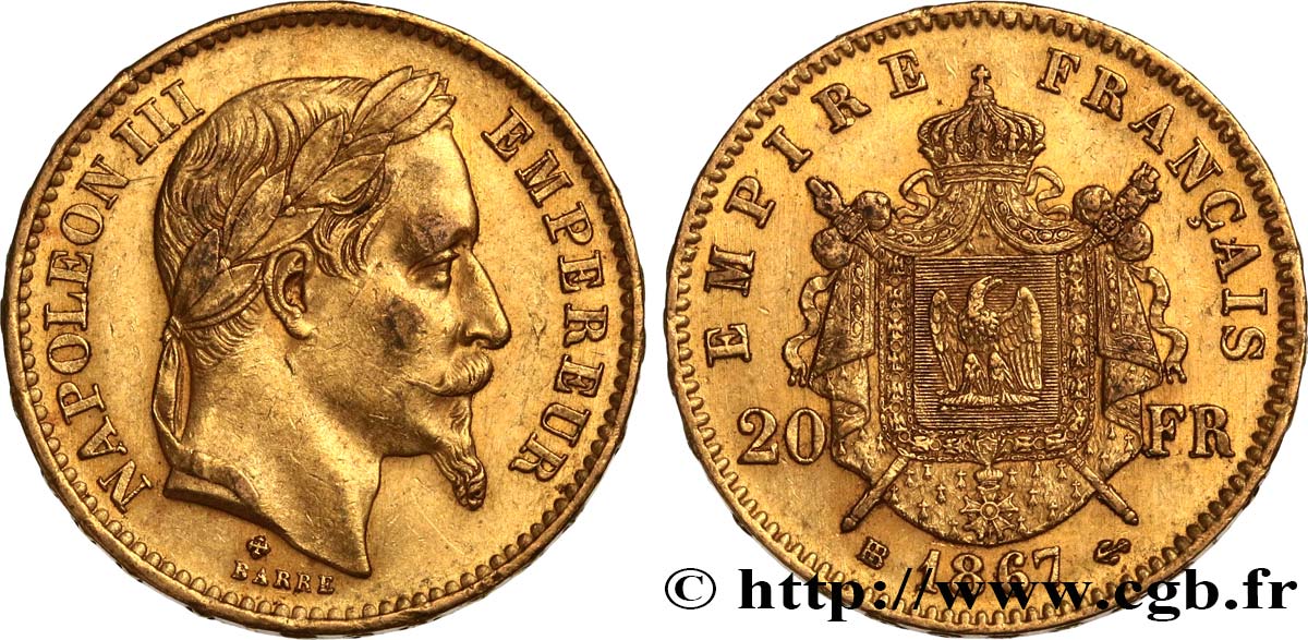 20 francs or Napoléon III, tête laurée, petit BB 1867 Strasbourg F.532/16 TTB50 