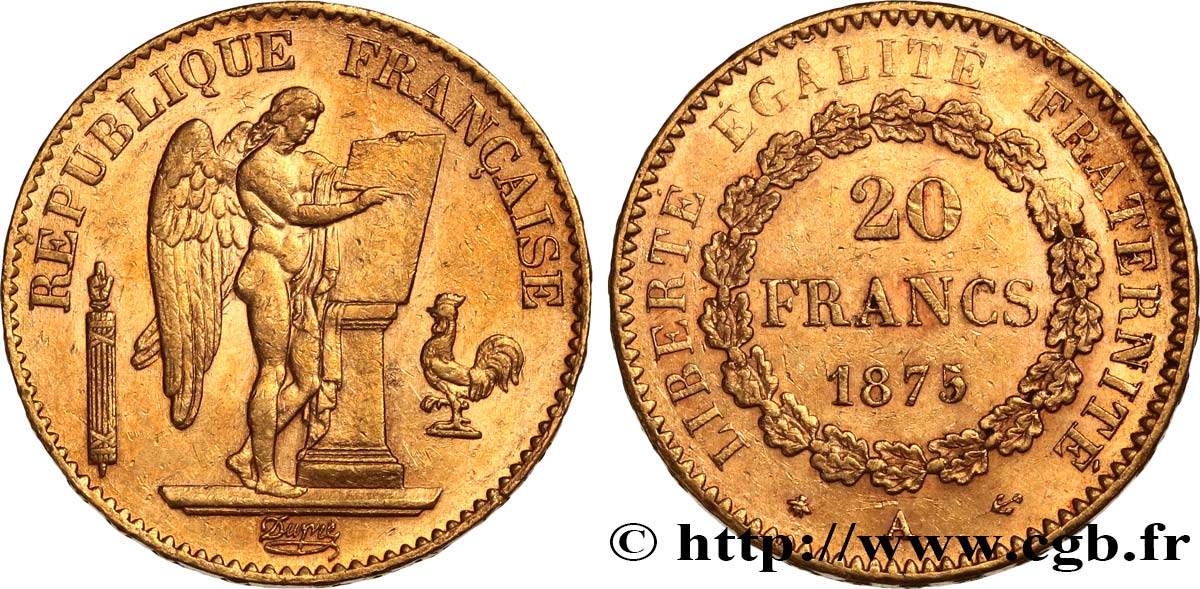 20 francs or Génie, IIIe République 1875 Paris F.533/3 AU50 