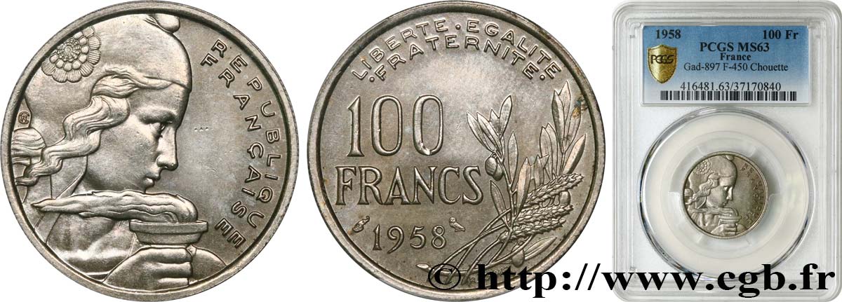 100 francs Cochet, chouette 1958  F.450/13 fST63 PCGS