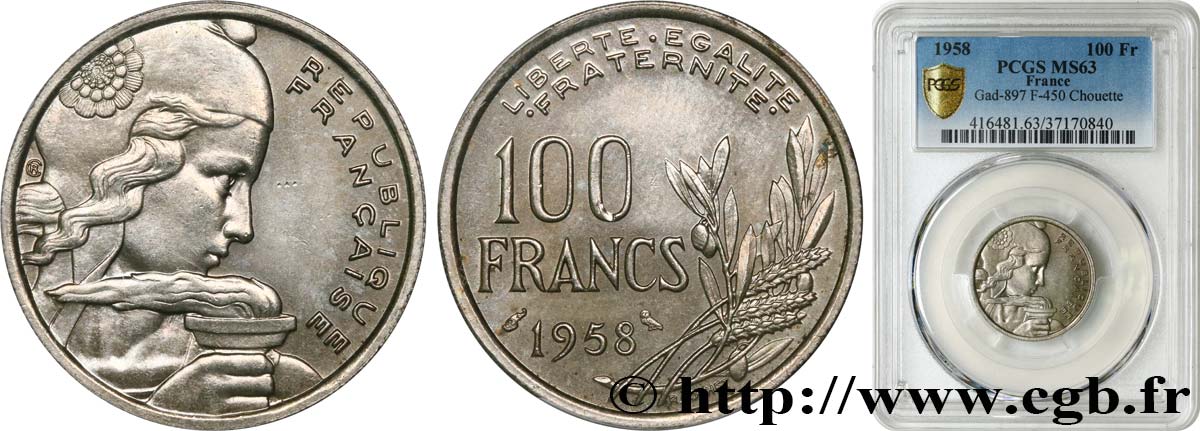 100 francs Cochet, chouette 1958  F.450/13 SPL63 PCGS