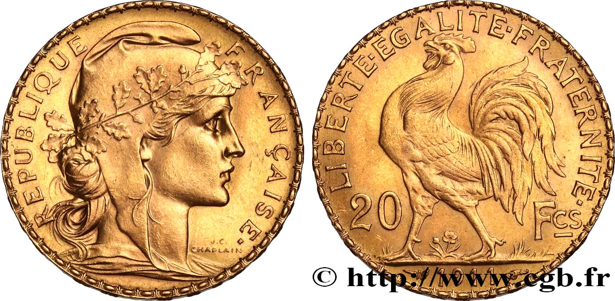 20 francs or Coq, Liberté Égalité Fraternité 1911  F.535/5 SC 