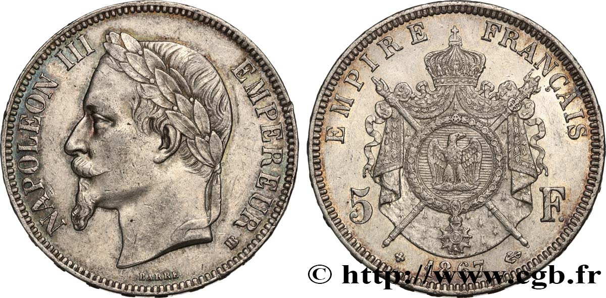 5 francs Napoléon III, tête laurée 1867 Strasbourg F.331/11 TTB50 