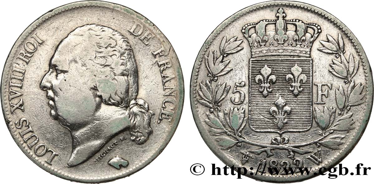 5 francs Louis XVIII, tête nue 1822 Lille F.309/75 VF 