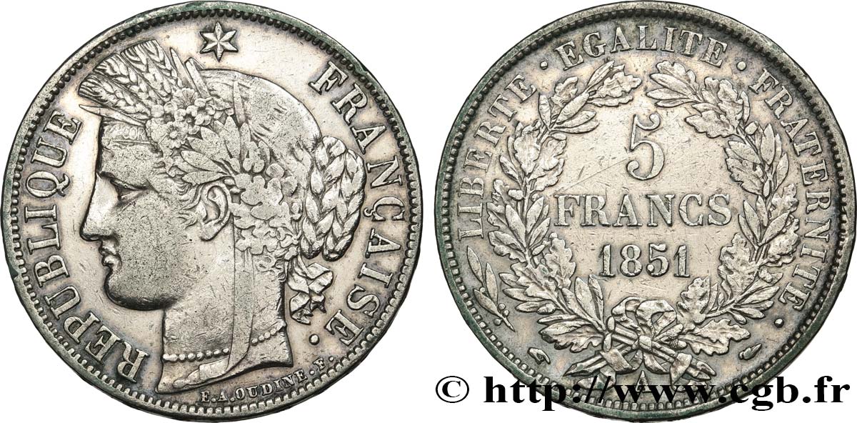 5 francs Cérès, IIe République 1851 Paris F.327/7 q.BB 