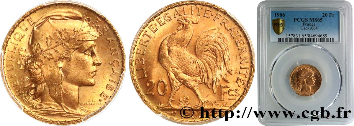 20 francs or Coq, Dieu protège la France 1906 Paris F.534/11 MS65 PCGS