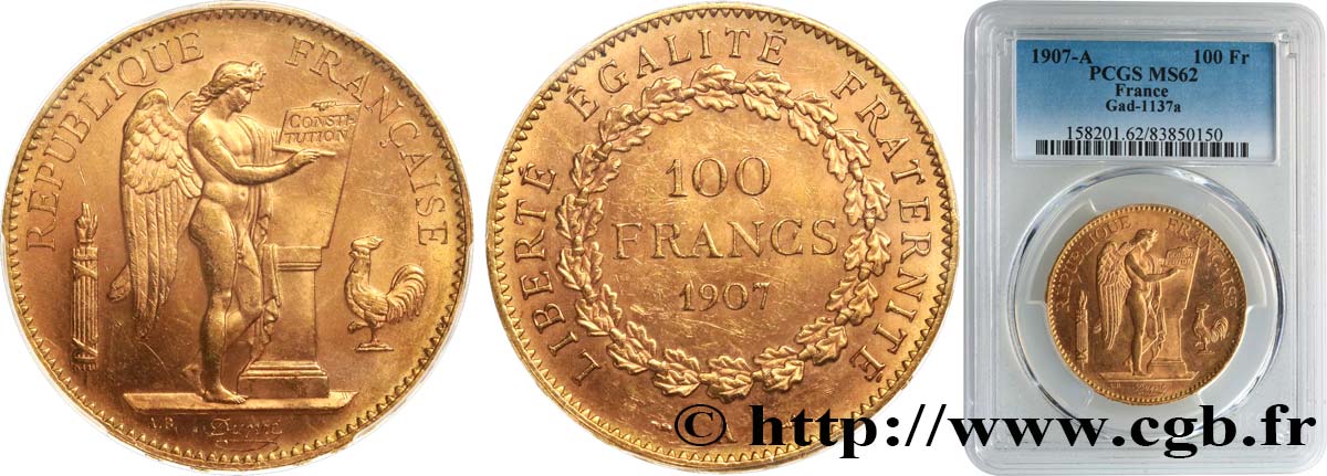 100 francs or Génie, tranche inscrite en relief Liberté Égalité Fraternité 1907 Paris F.553/1 VZ62 PCGS