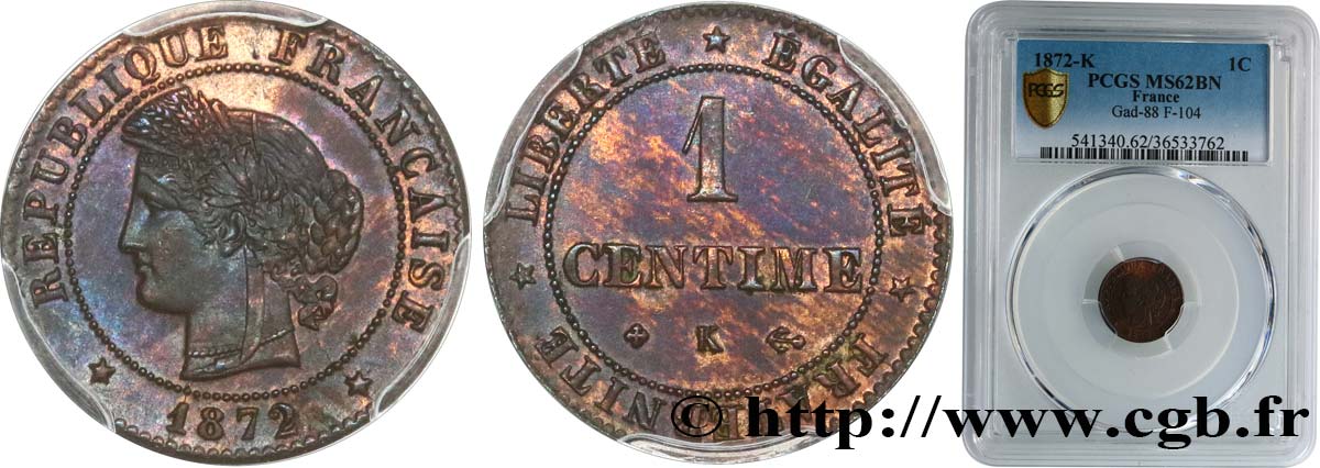 1 centime Cérès 1872 Bordeaux F.104/2 SUP62 PCGS