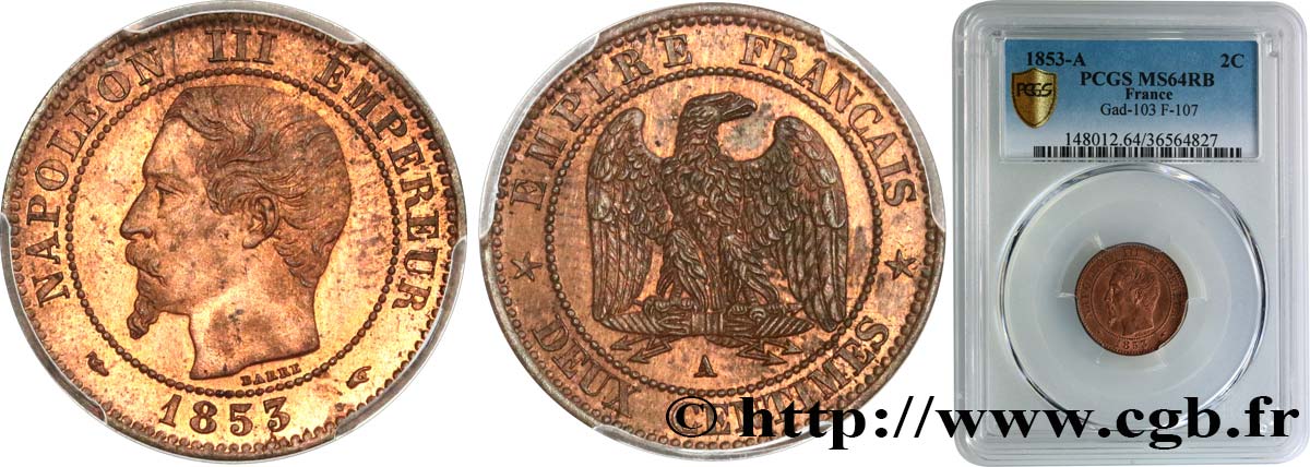 Deux centimes Napoléon III, tête nue 1853 Paris F.107/1 MS64 PCGS
