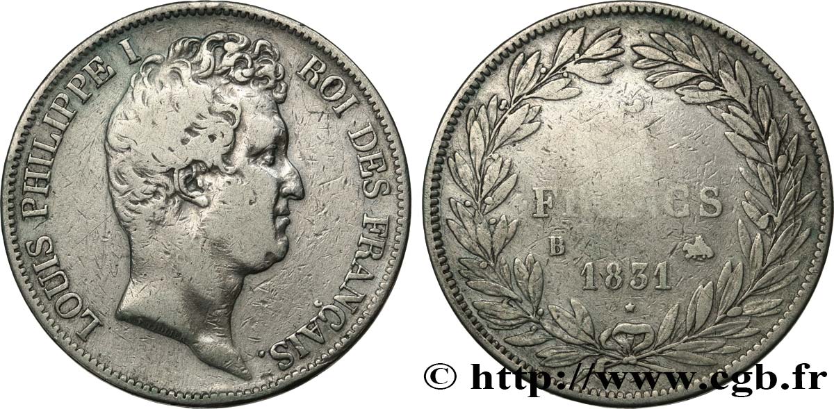 5 francs type Tiolier avec le I, tranche en creux 1831 Rouen F.315/15 BC 