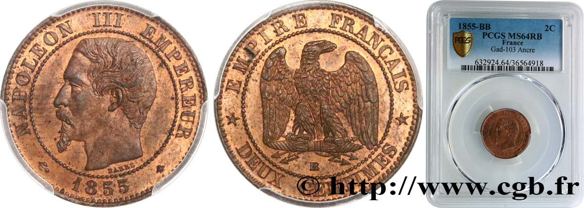 Deux centimes Napoléon III, tête nue 1855 Strasbourg F.107/24 SC64 PCGS