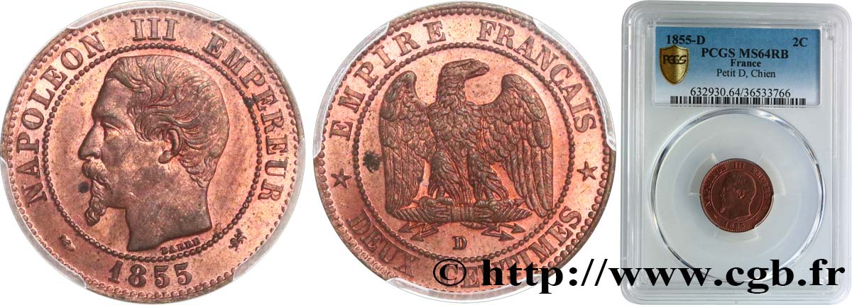 Deux centimes Napoléon III, tête nue 1855 Lyon F.107/30 fST64 PCGS