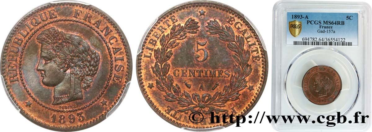5 centimes Cérès 1893 Paris F.118/35 SC64 PCGS