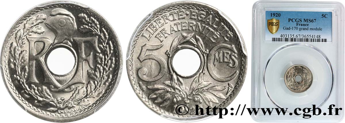 5 centimes Lindauer, grand module 1920  F.121/4 ST67 PCGS