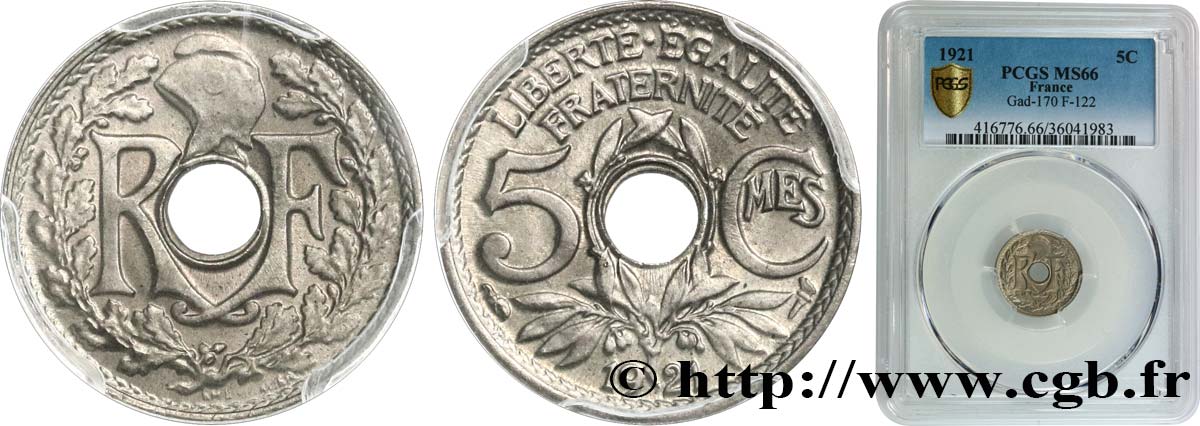 5 centimes Lindauer, petit module 1921 Paris F.122/3 ST66 PCGS