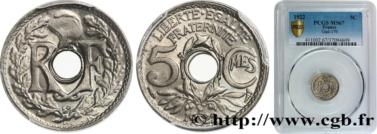 5 centimes Lindauer, petit module 1922 Paris F.122/4 MS67 PCGS