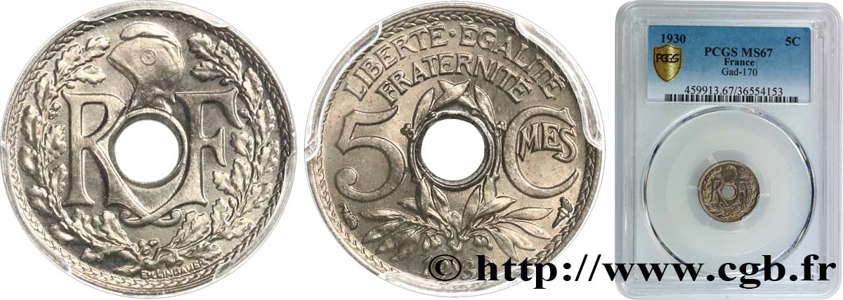 5 centimes Lindauer, petit module 1930 Paris F.122/13 MS67 PCGS