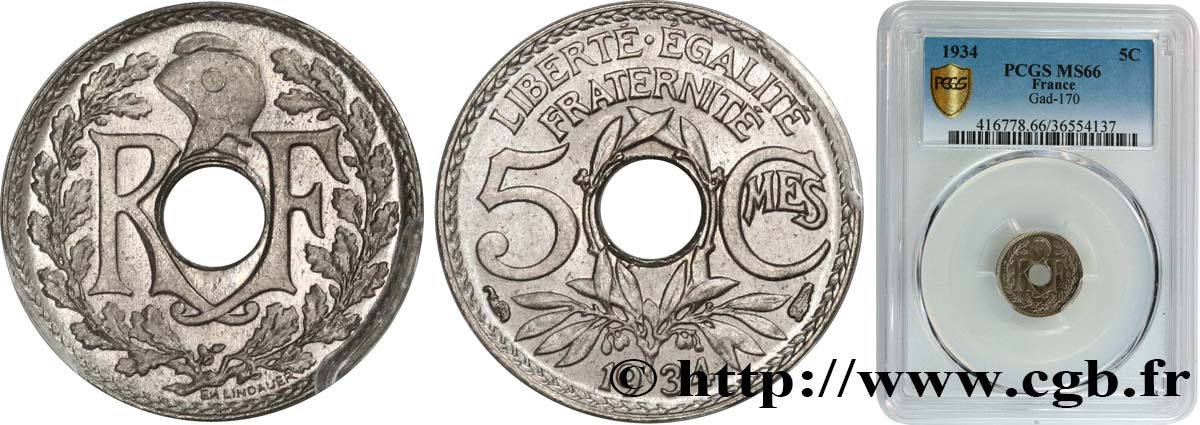 5 centimes Lindauer, petit module 1934 Paris F.122/17 ST66 PCGS