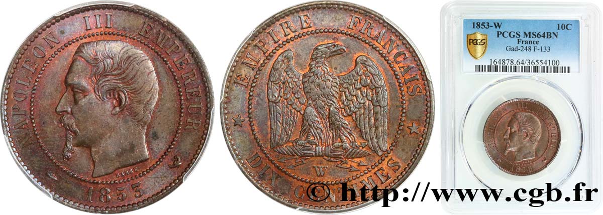 Dix centimes Napoléon III, tête nue 1853 Lille F.133/9 MS64 PCGS