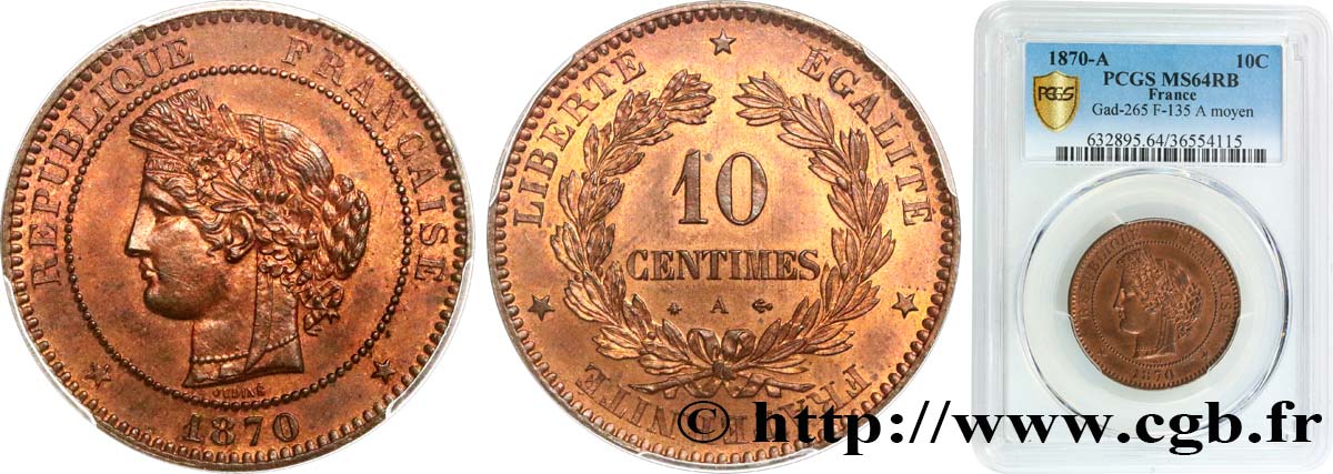 10 centimes Cérès 1870 Paris F.135/3 fST64 PCGS