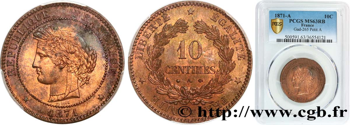 10 centimes Cérès 1871 Paris F.135/6 fST63 PCGS