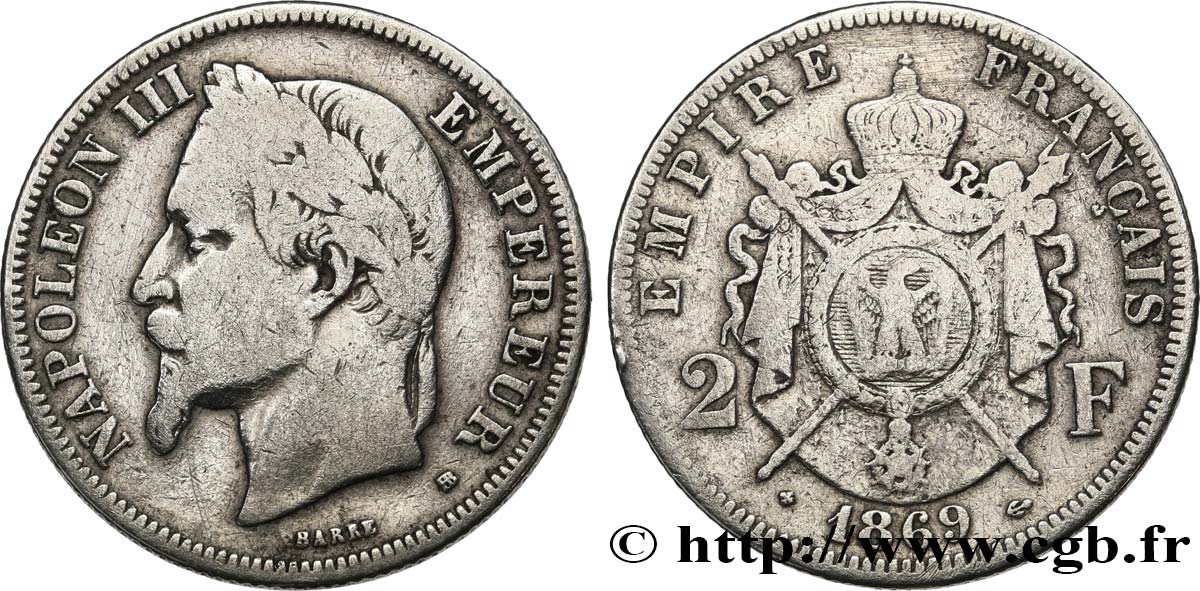 2 francs Napoléon III, tête laurée 1869 Strasbourg F.263/11 B 